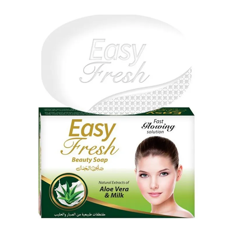 Easy Fresh white milk soap bar and packaging box — a gentle moisturizer soap for sensitive skin formulated with aloe vera and milk