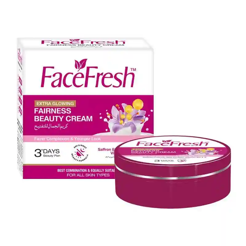 Face Fresh Extra Glowing Fairness Beauty Cream container suitable for all skin types.