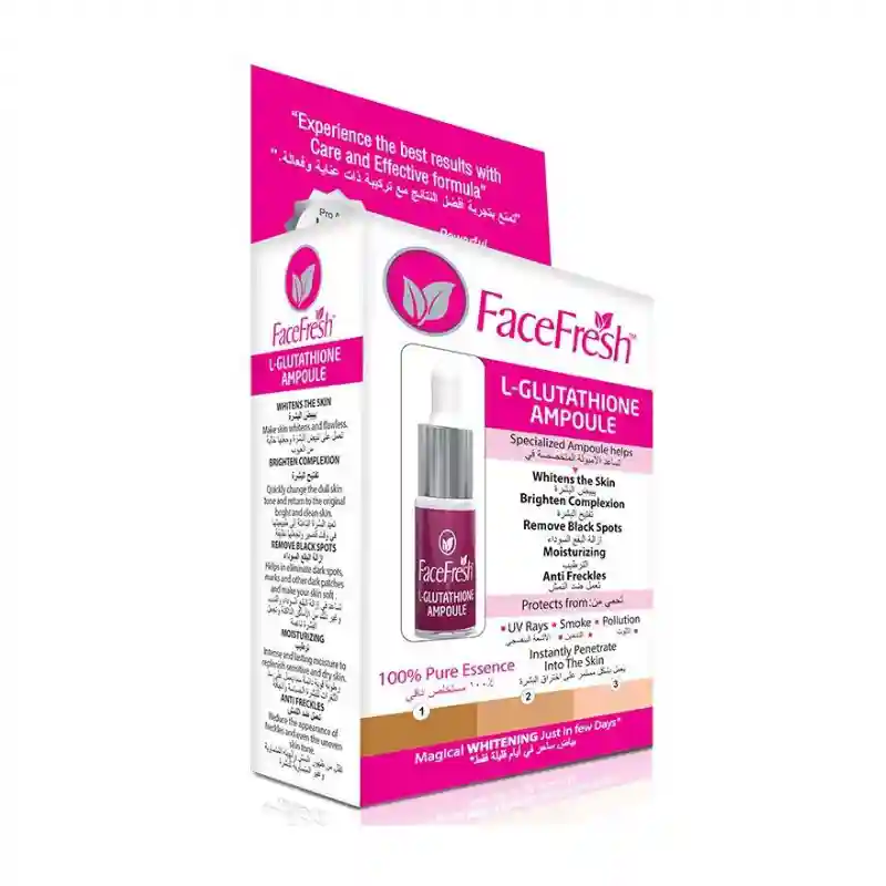 Face Fresh L-Glutathione Ampoule 5ml box and bottle — a 100% pure essence glutathione serum that whitens skin, brightens complexion, and removes black spots