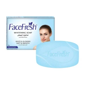 Face Fresh Whitening Soap for normal skin displayed with blue packaging and embossed cleansing bar.
