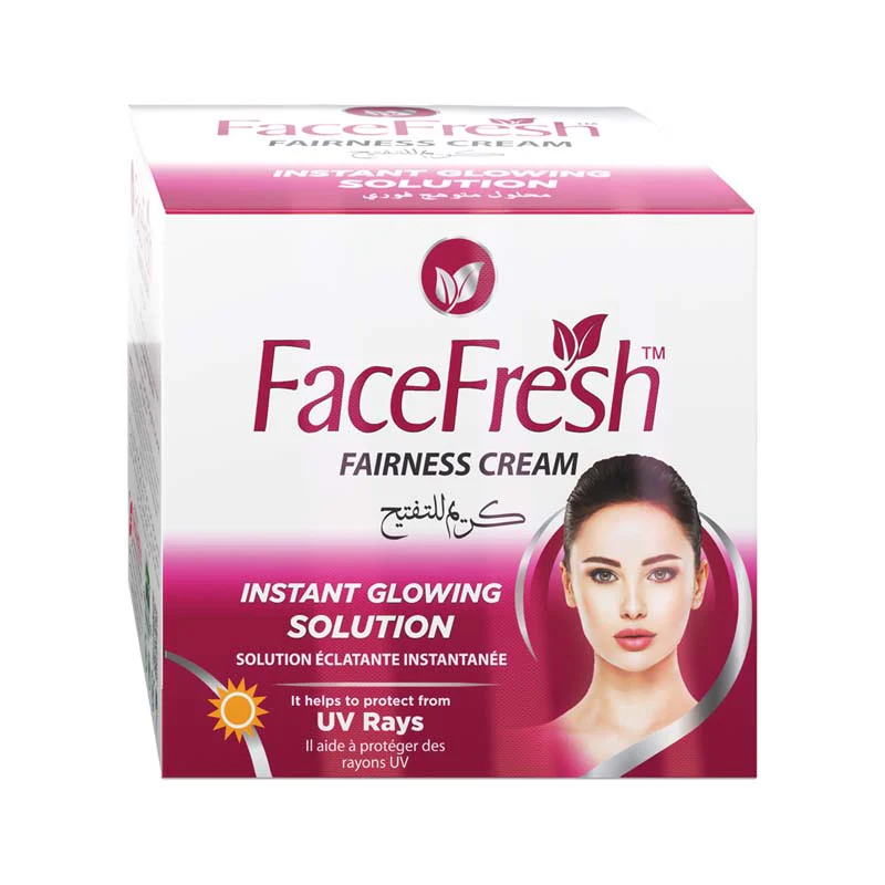 Face Fresh Fairness Cream product box, front view, showing "Instant Glowing Solution" text, UV protection badge, and model face