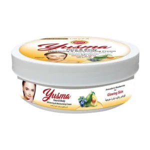 Yusma body cream whitening tub packaging with avocado and blueberry extracts for all skin types