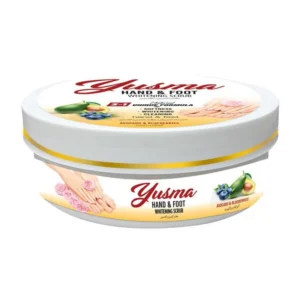 Yusma hand and foot scrub 225g tub packaging — a 3-in-1 exfoliating foot scrub with avocado and blueberry extracts