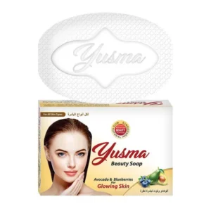 Yusma white skin whitening soap bar and box packaging formulated with avocado and blueberry natural extracts for all skin types