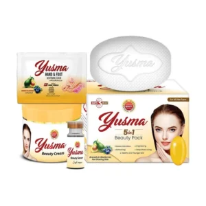 Yusma 5-in-1 skincare set containing brightening serum, beauty cream, soap, scrub, and capsule for complete skin care routine