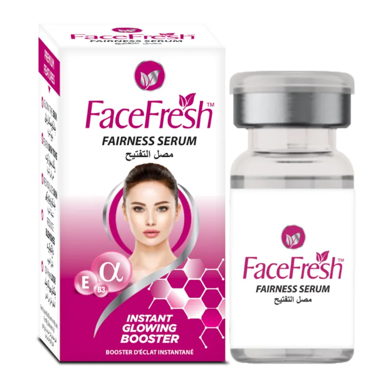 Face Fresh Fairness Serum bottle and packaging with niacinamide B3 and vitamin E for skin whitening and dark spot reduction