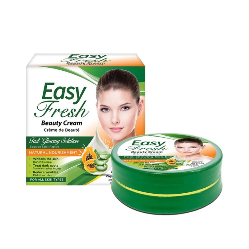 Aloe vera moisturizing face cream container displaying fast glowing solution for dry, itchy skin, dark spot treatment, and wrinkle reduction.