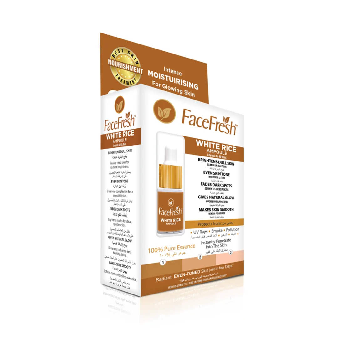 Face Fresh White Rice Ampoule for reviving dull skin and fading facial dark spots naturally.