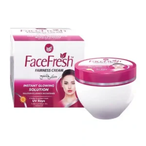 Face Fresh Fairness Cream product box, front view, showing "Instant Glowing Solution" text, UV protection badge, and model face