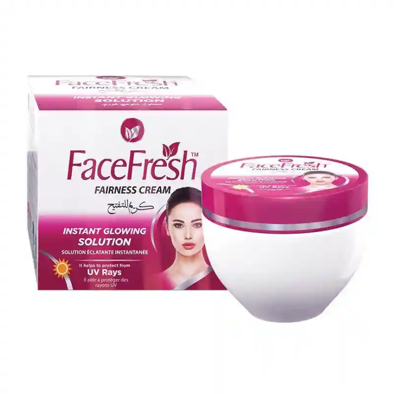Face Fresh Fairness Cream product box, front view, showing "Instant Glowing Solution" text, UV protection badge, and model face
