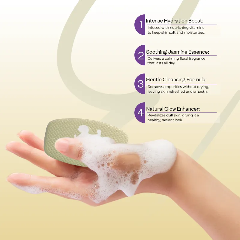 moisturising-shower-soap-bar-hydration-boost Hand holding lathery soap bar with 4 benefits infographic — showing intense hydration boost, gentle cleansing, and natural glow in a moisturising soap