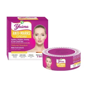 Yusma Anti-Marks Cream container for fading dark spots, freckles, and skin scars naturally.
